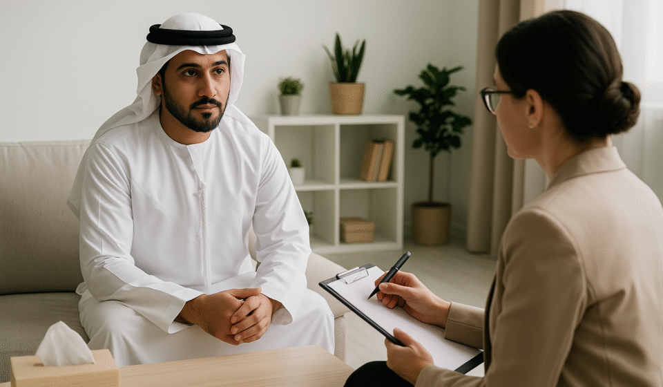 أفضل 13 دكتور نفسي في العين لعام 2025 :رجل إماراتي في جلسة استشارة مع أخصائية نفسية في عيادة هادئة في العين/الإمارات